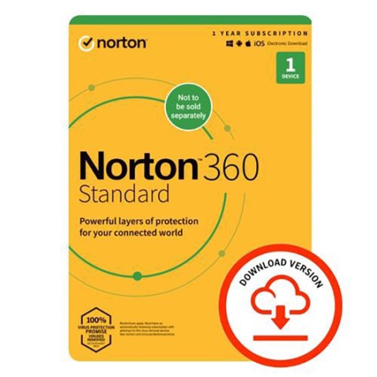 Norton 360 Standard 1 Device, 1 Year ESD - 10GB Cloud Storage - PC, Mac, iOS & Android *Non-enrolment*