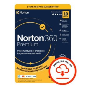 Norton 360 Premium 1x 10 Device, 1 Year ESD - Single 10 Device Licence via email - 75GB Cloud Storage - PC, Mac, iOS & Android *Non-enrolment*