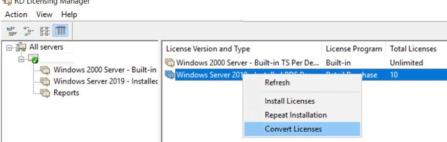 windows rds server 2019 licence conversion