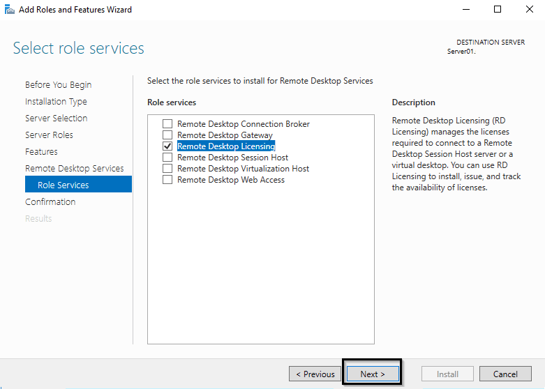 Windows RDS server 2019 role component